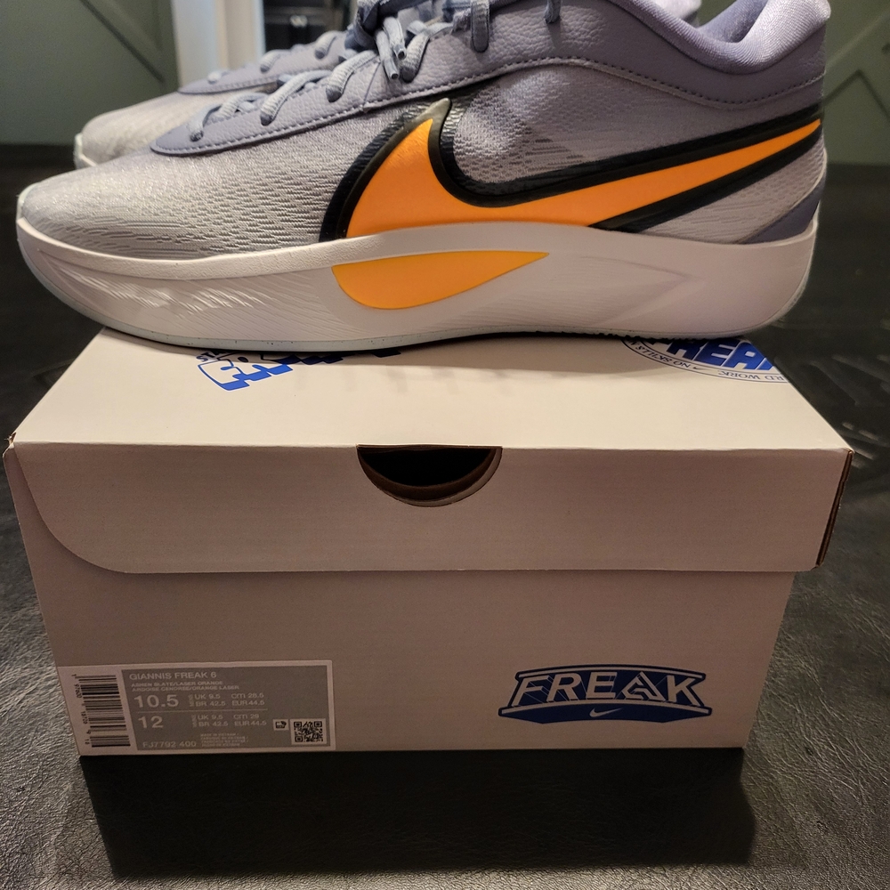 NEW: GIANNIS FREAK 6: ASHEN SLATE/LASER ORANGE